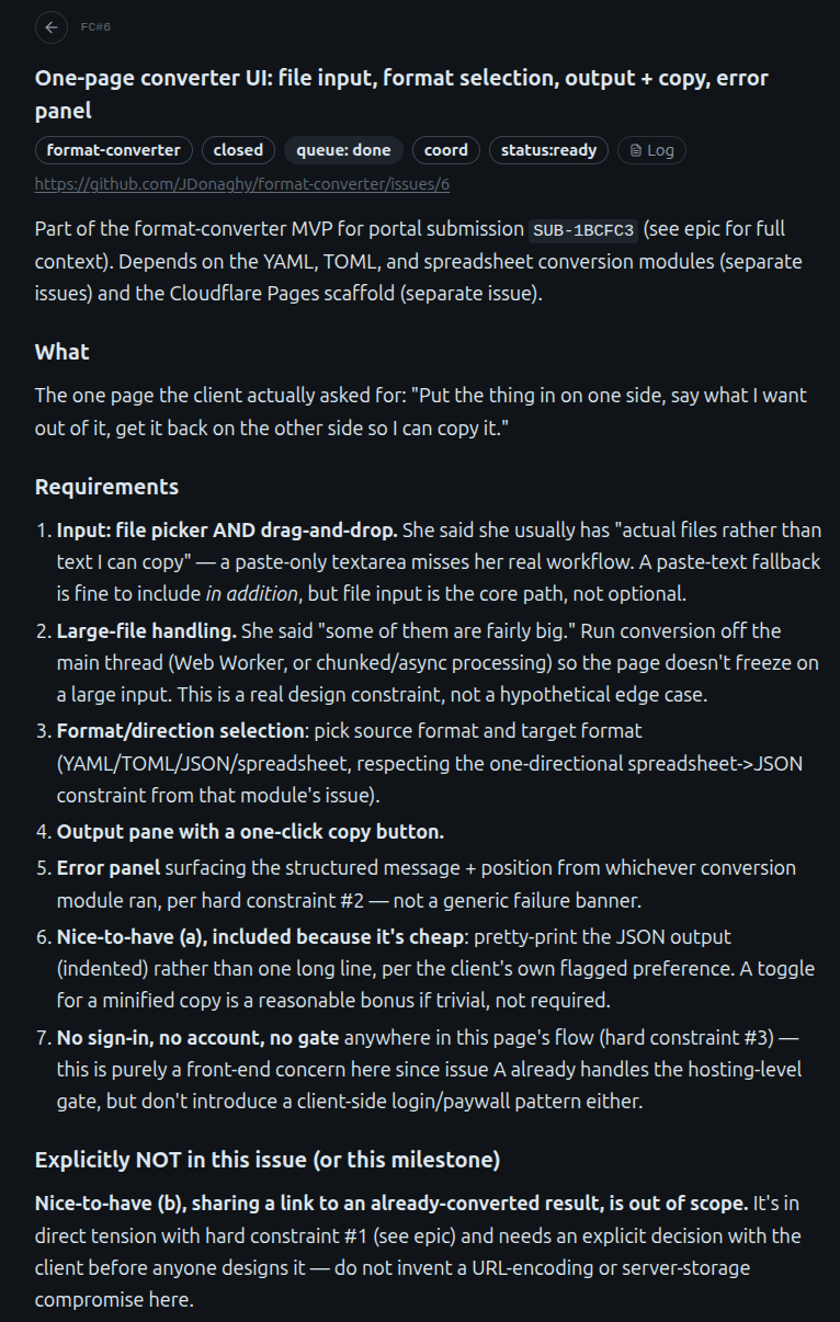 The brief for the one-page converter: what it must do, and what it deliberately leaves out.
