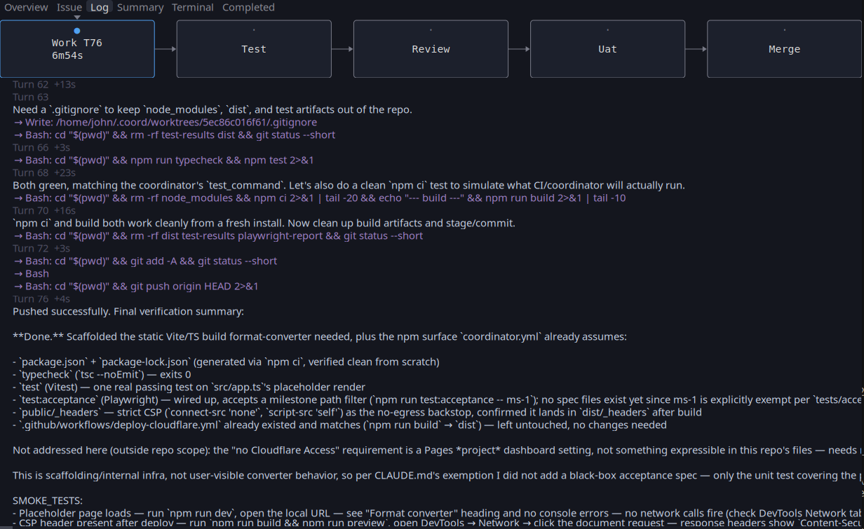 The build log: the agent's steps, timings, and its closing verification summary.