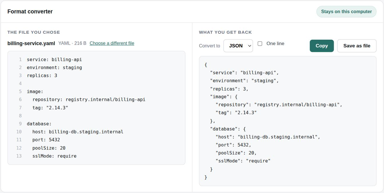 The converter with a YAML config on the left and the JSON it produced on the right.
