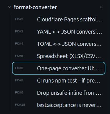 The project's issue list: eight numbered pieces of work, with the one-page converter selected.