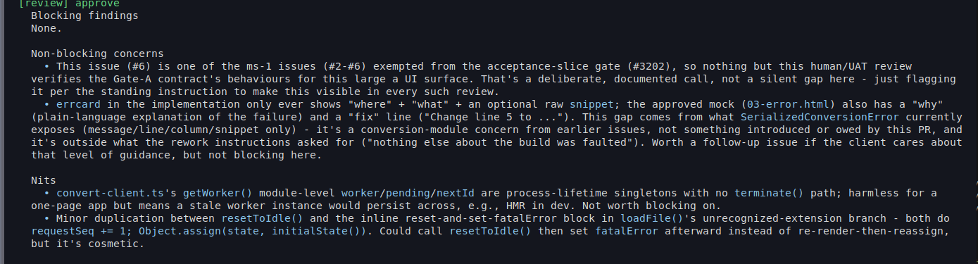 The review verdict on the one-page converter: approved, with no blocking findings and a list of non-blocking concerns.